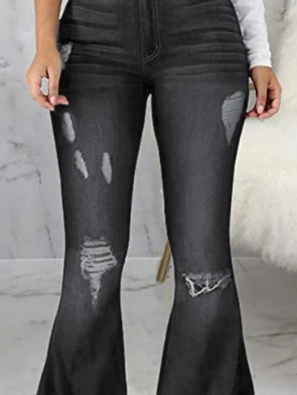 Full Size Distressed Raw Hem Flare Jeans Plus Size - Godess beauty 