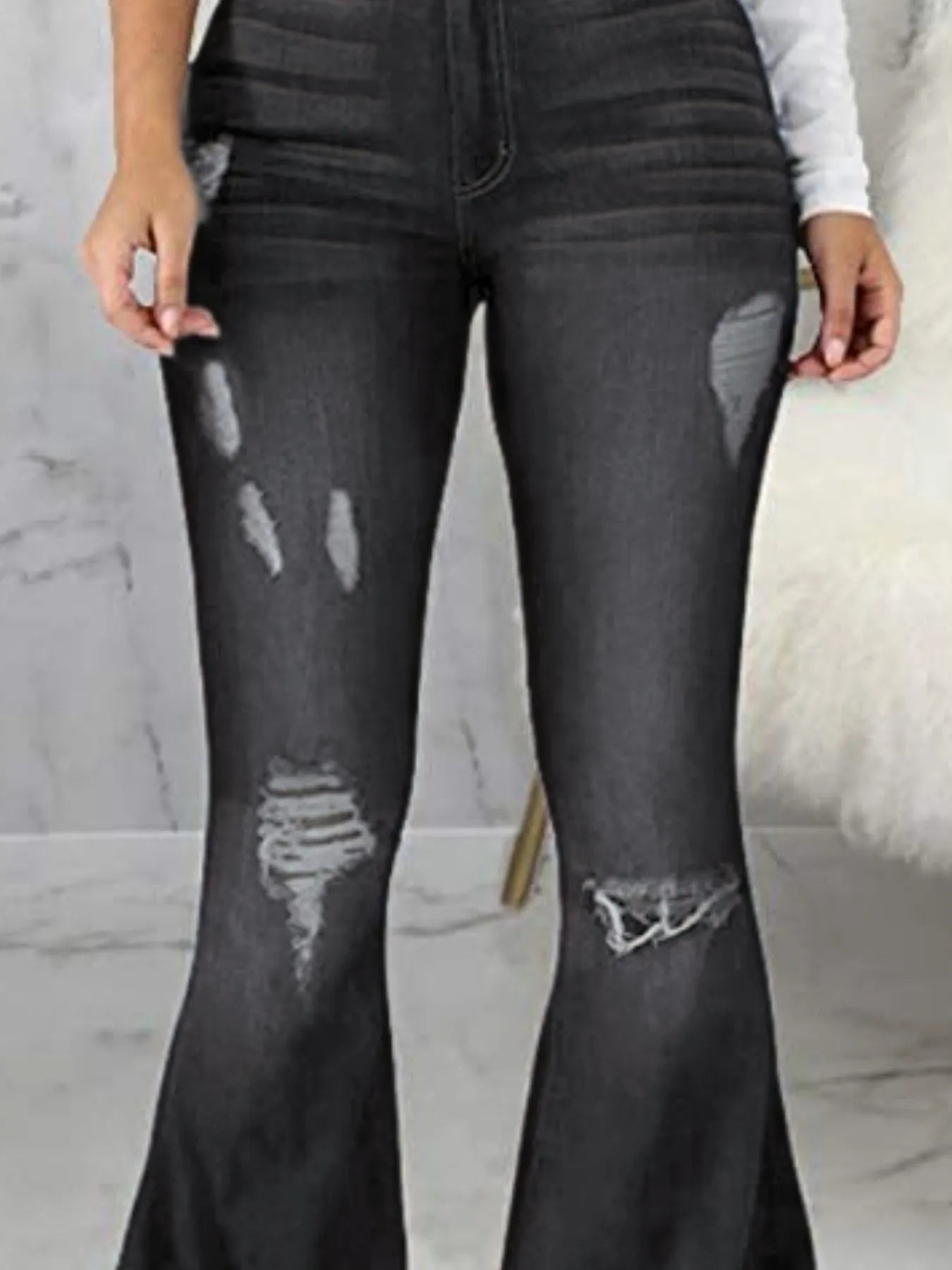 Full Size Distressed Raw Hem Flare Jeans Plus Size - Godess beauty 