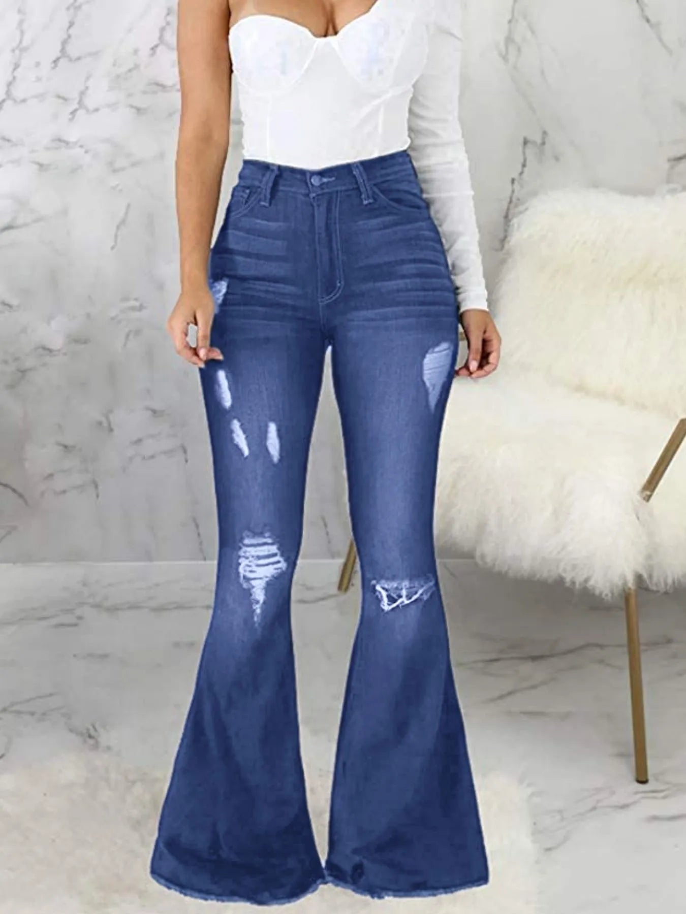 Full Size Distressed Raw Hem Flare Jeans Plus Size - Godess beauty 