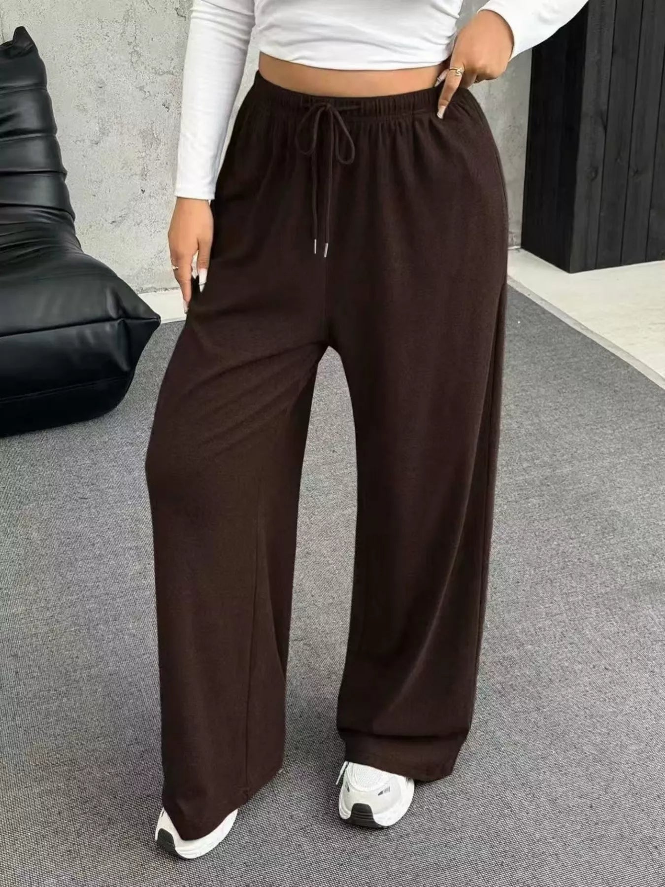Full Size Drawstring Wide Leg Pants Plus Size - Godess beauty 