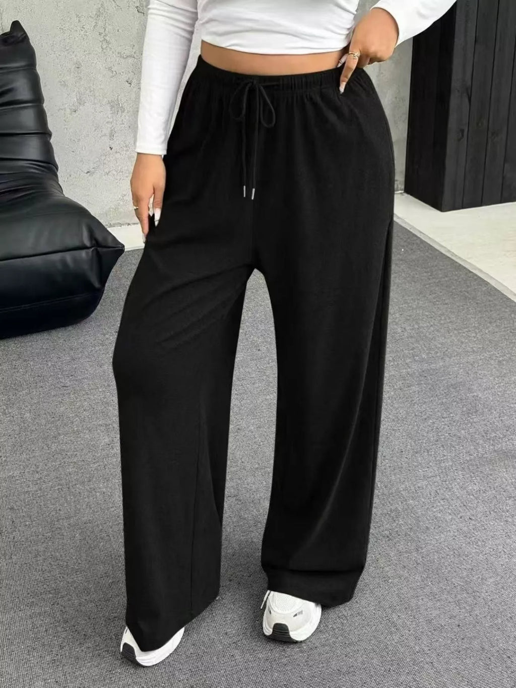 Full Size Drawstring Wide Leg Pants Plus Size - Godess beauty 