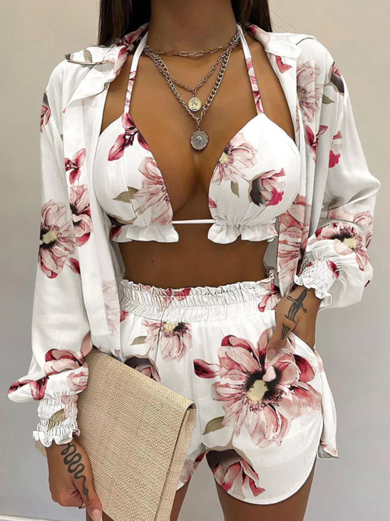 Full Size Halter Neck Cami & Shirt & Shorts 3-Piece Outfit Set Plus Size - Godess beauty 