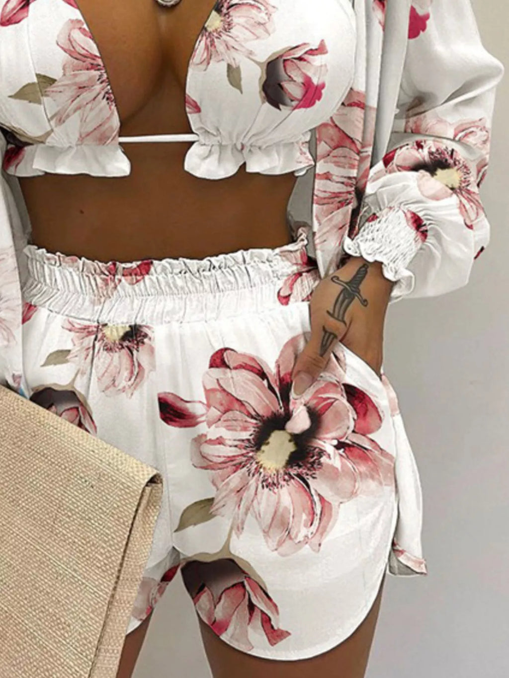 Full Size Halter Neck Cami & Shirt & Shorts 3-Piece Outfit Set Plus Size - Godess beauty 