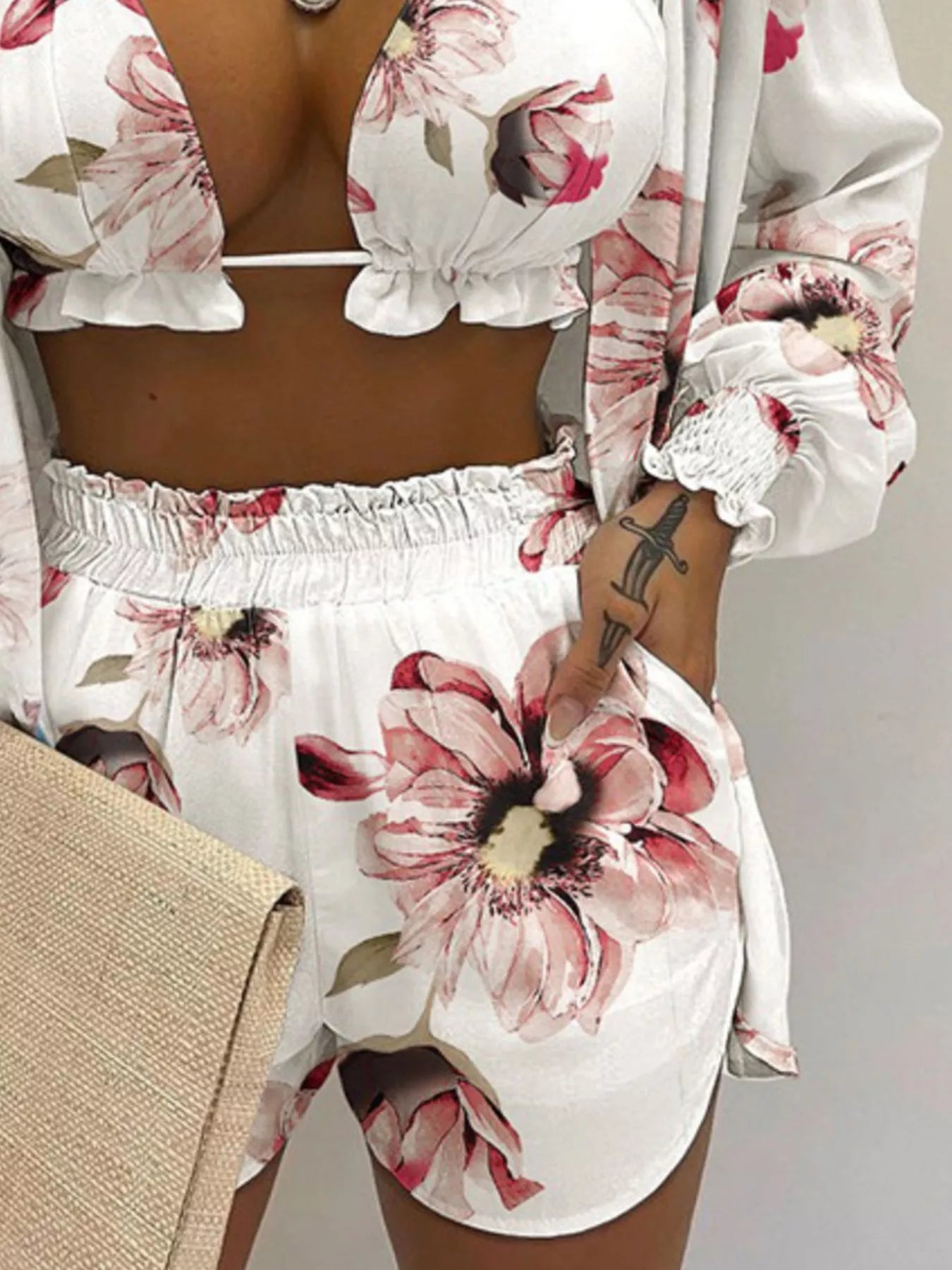 Full Size Halter Neck Cami & Shirt & Shorts 3-Piece Outfit Set Plus Size - Godess beauty 