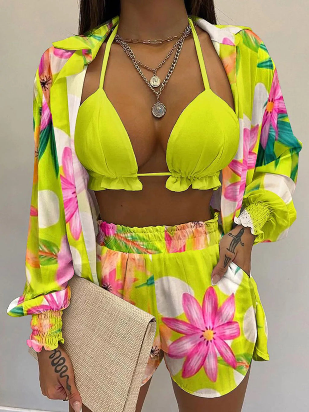 Full Size Halter Neck Cami & Shirt & Shorts 3-Piece Outfit Set Plus Size - Godess beauty 