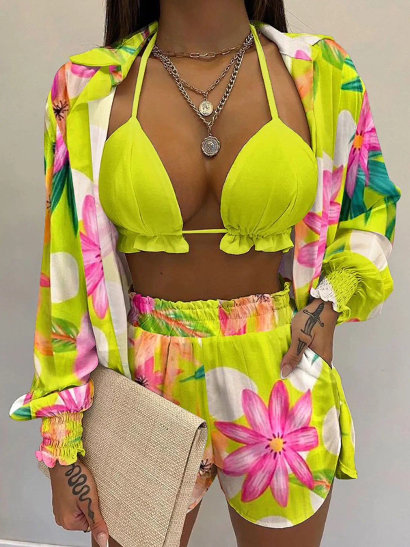 Full Size Halter Neck Cami & Shirt & Shorts 3-Piece Outfit Set Plus Size - Godess beauty 