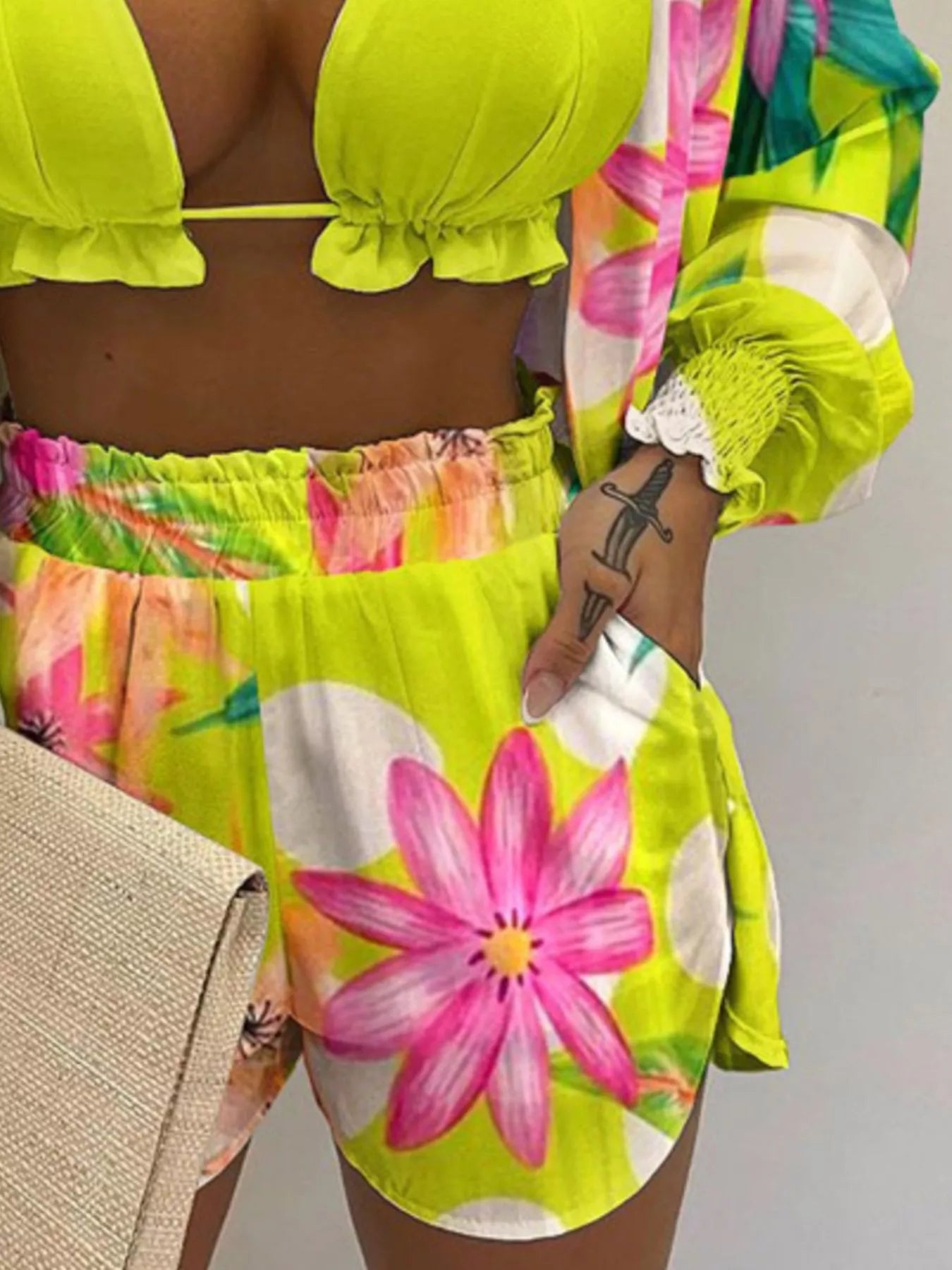 Full Size Halter Neck Cami & Shirt & Shorts 3-Piece Outfit Set Plus Size - Godess beauty 