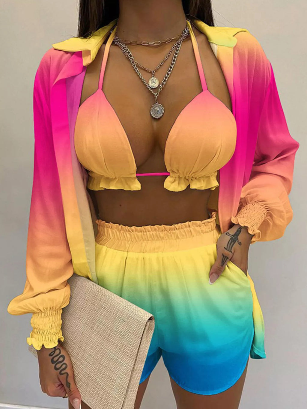 Full Size Halter Neck Cami & Shirt & Shorts 3-Piece Outfit Set Plus Size - Godess beauty 