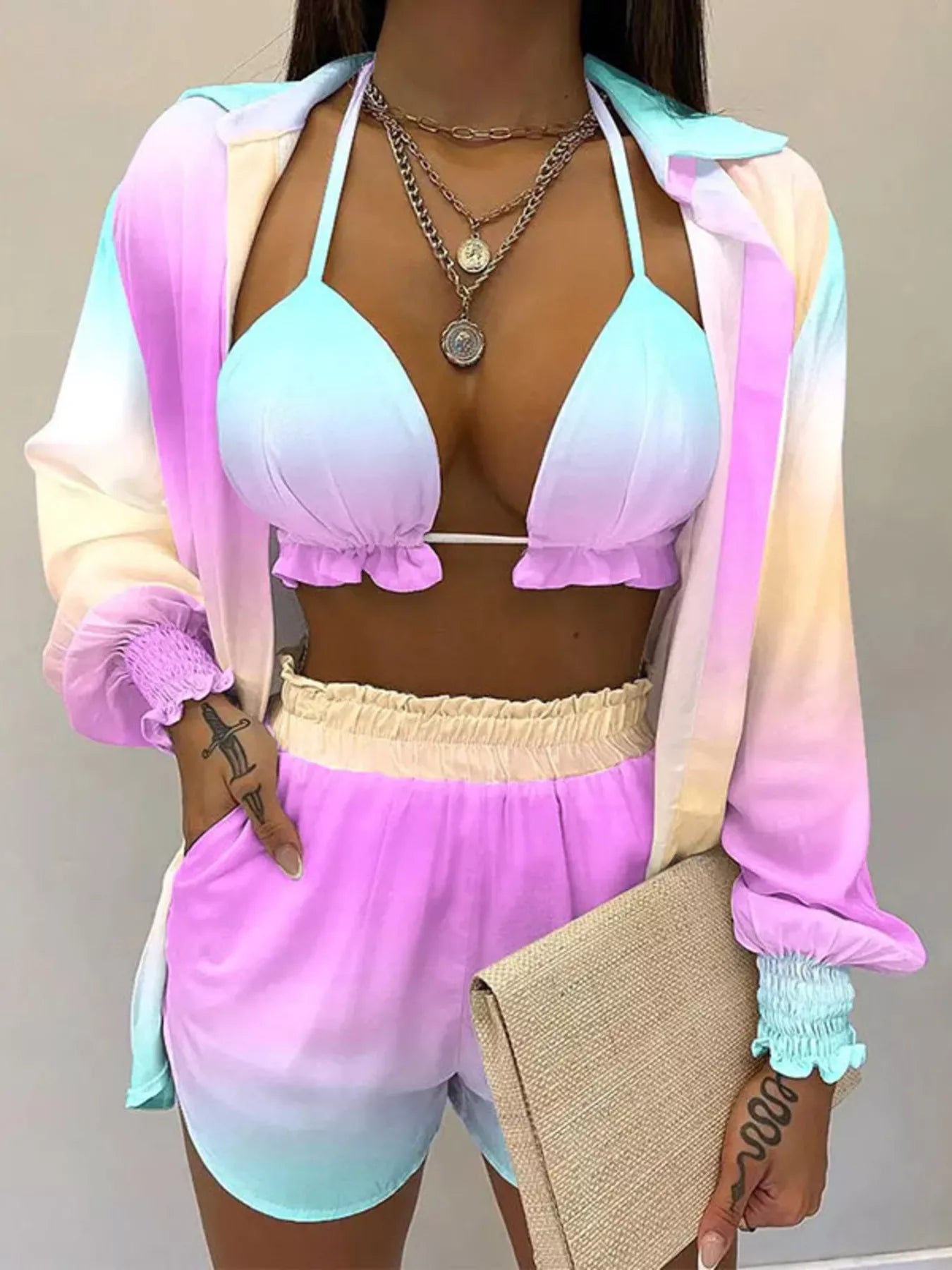 Full Size Halter Neck Cami & Shirt & Shorts 3-Piece Outfit Set Plus Size - Godess beauty 