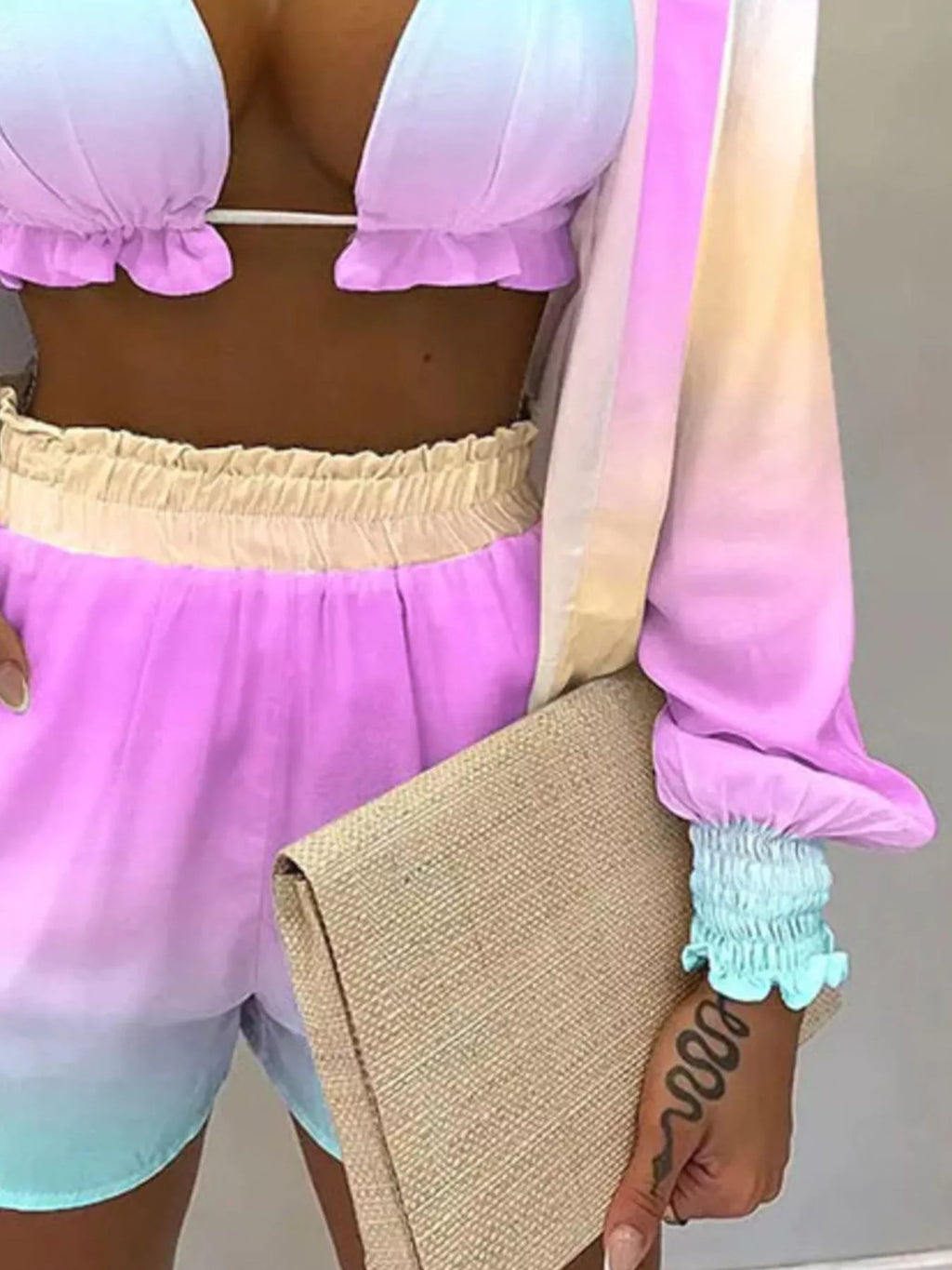 Full Size Halter Neck Cami & Shirt & Shorts 3-Piece Outfit Set Plus Size - Godess beauty 