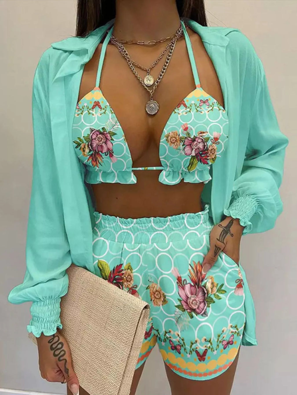 Full Size Halter Neck Cami & Shirt & Shorts 3-Piece Outfit Set Plus Size - Godess beauty 
