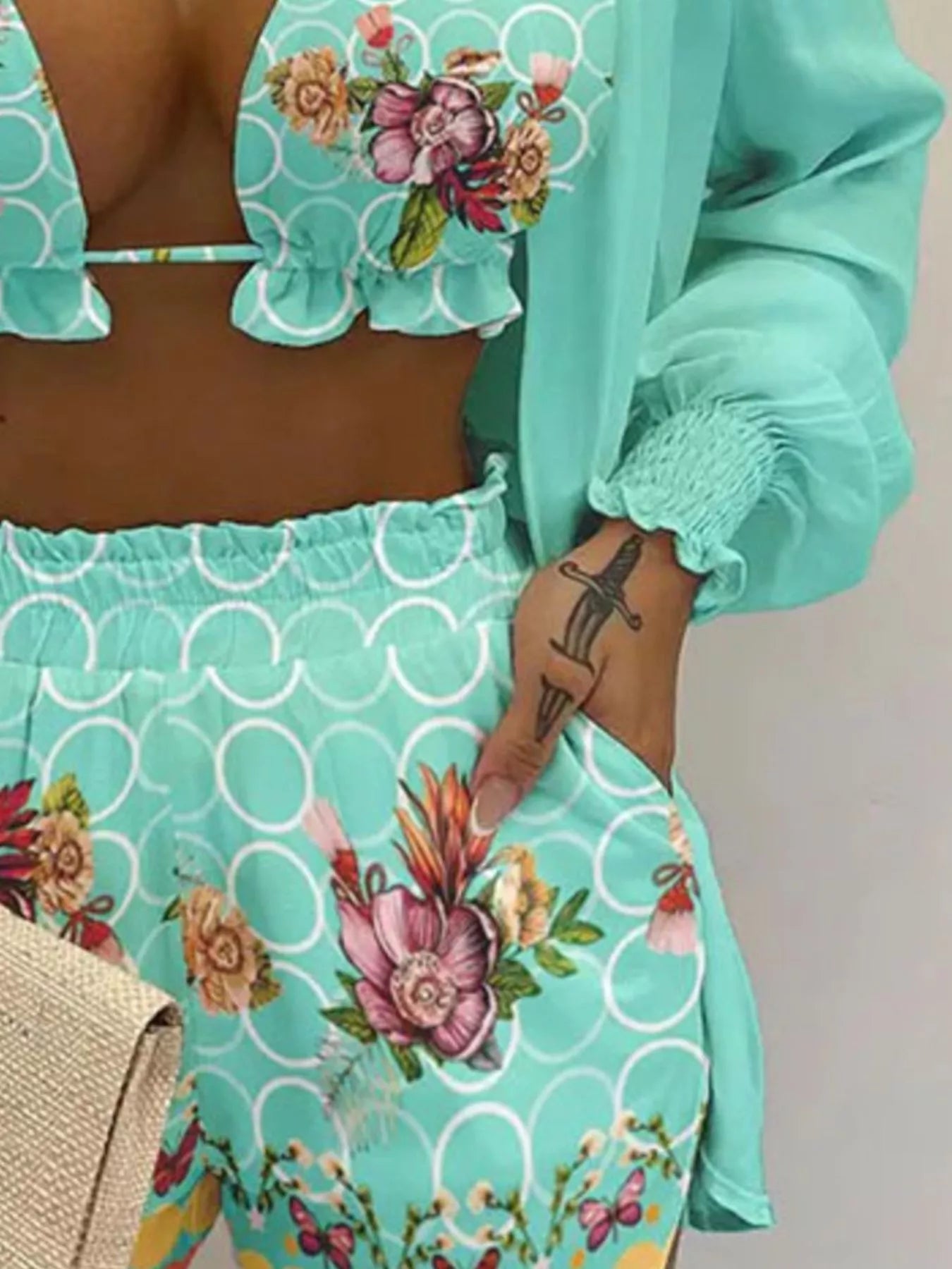 Full Size Halter Neck Cami & Shirt & Shorts 3-Piece Outfit Set Plus Size - Godess beauty 