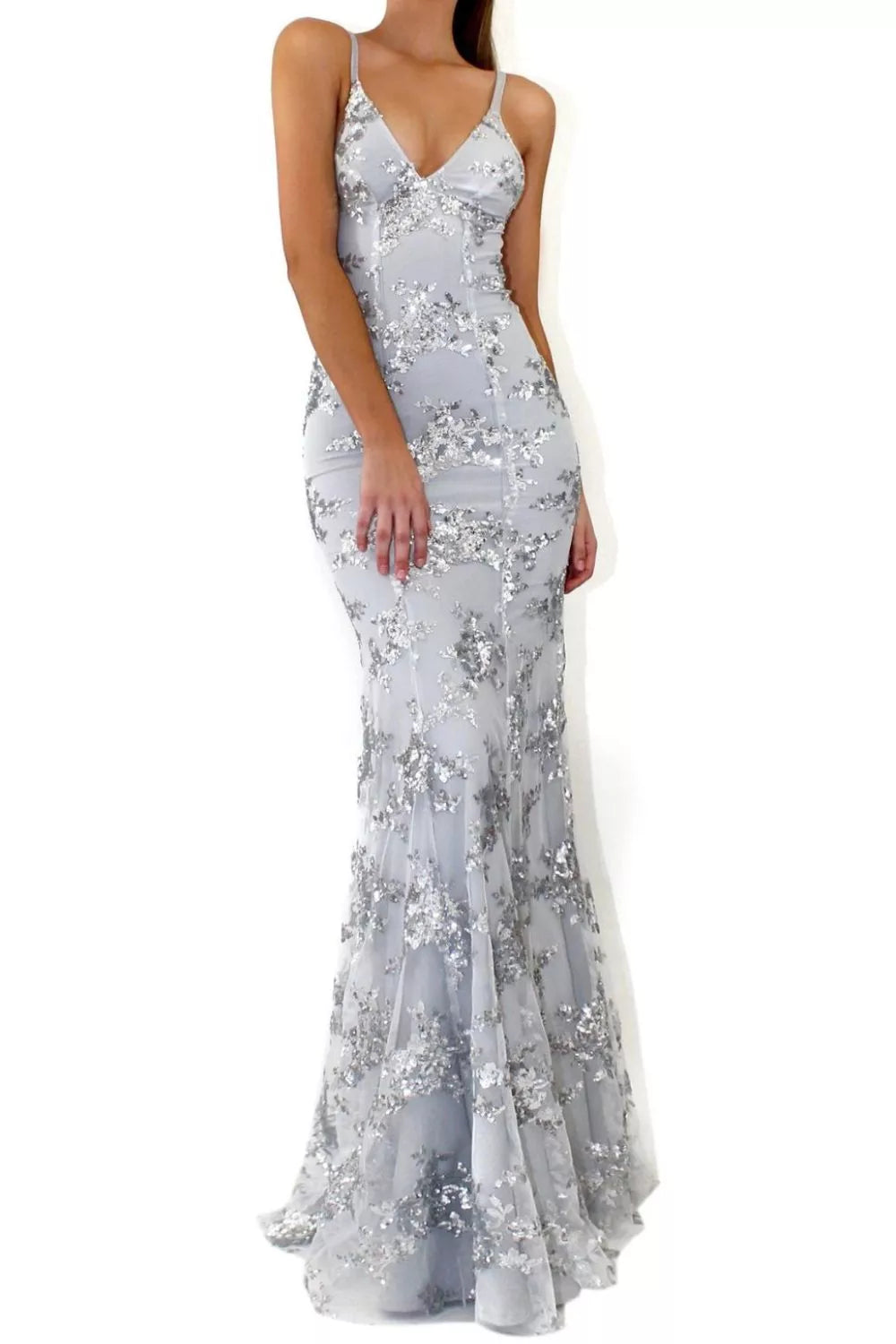 Full Size Sequin Tie Back V-Neck Maxi Dress Plus Size - Godess beauty 