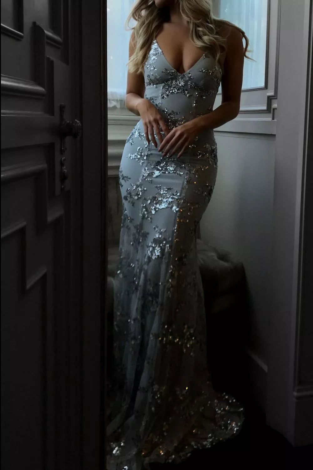 Full Size Sequin Tie Back V-Neck Maxi Dress Plus Size - Godess beauty 