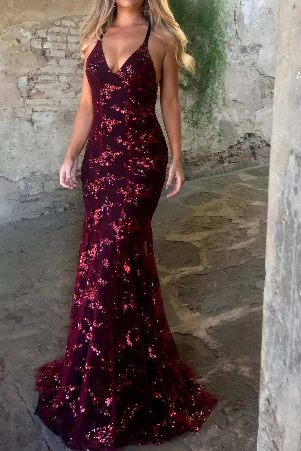 Full Size Sequin Tie Back V-Neck Maxi Dress Plus Size - Godess beauty 