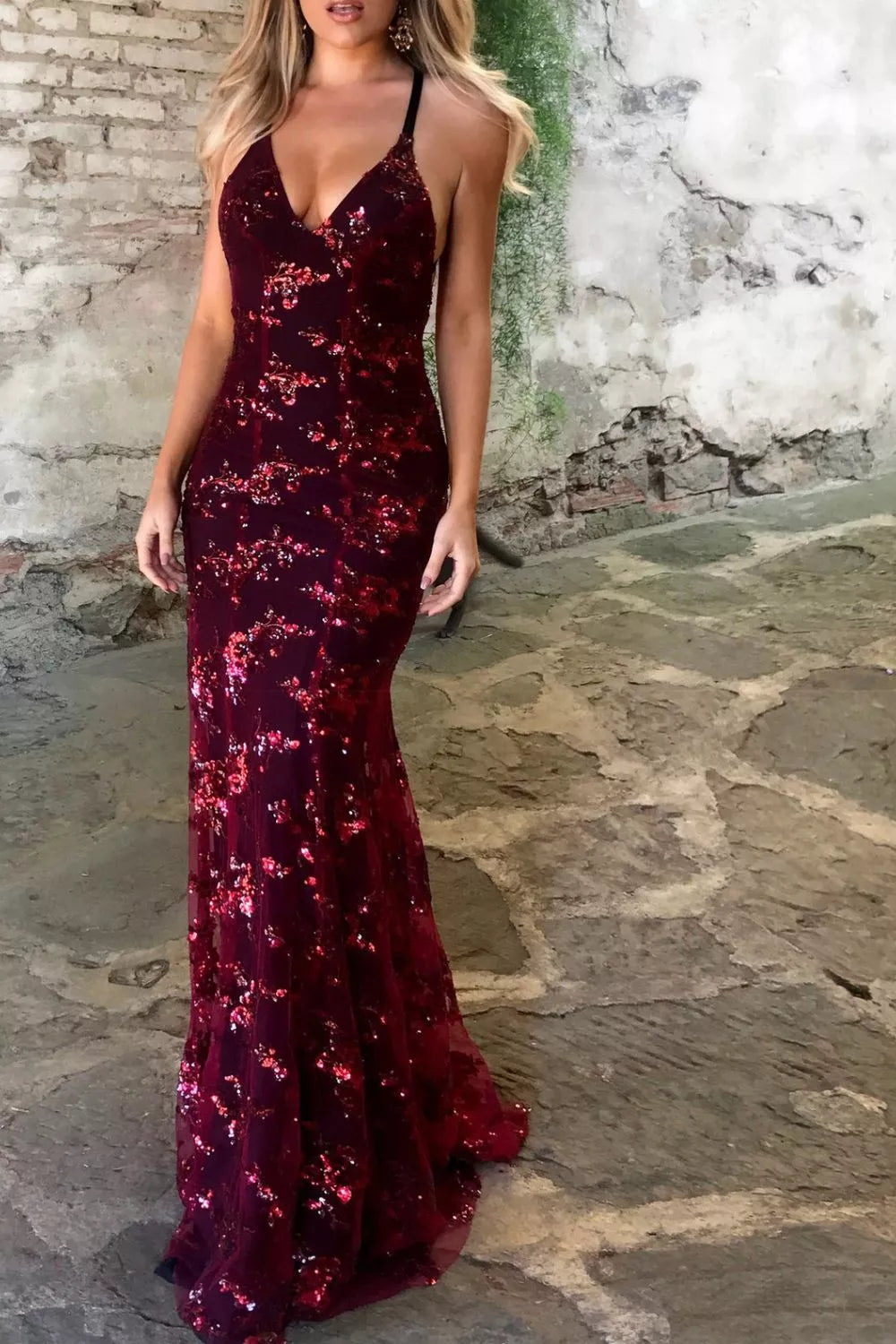 Full Size Sequin Tie Back V-Neck Maxi Dress Plus Size - Godess beauty 