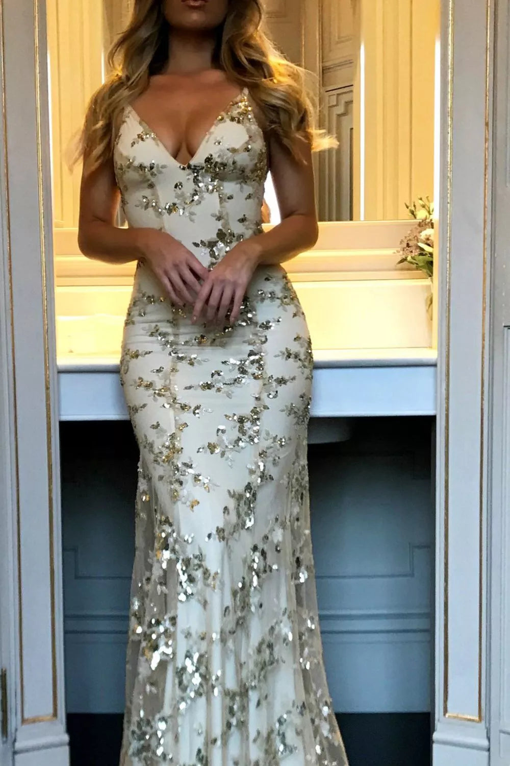 Full Size Sequin Tie Back V-Neck Maxi Dress Plus Size - Godess beauty 