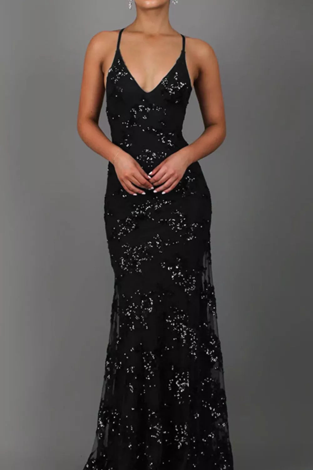Full Size Sequin Tie Back V-Neck Maxi Dress Plus Size - Godess beauty 