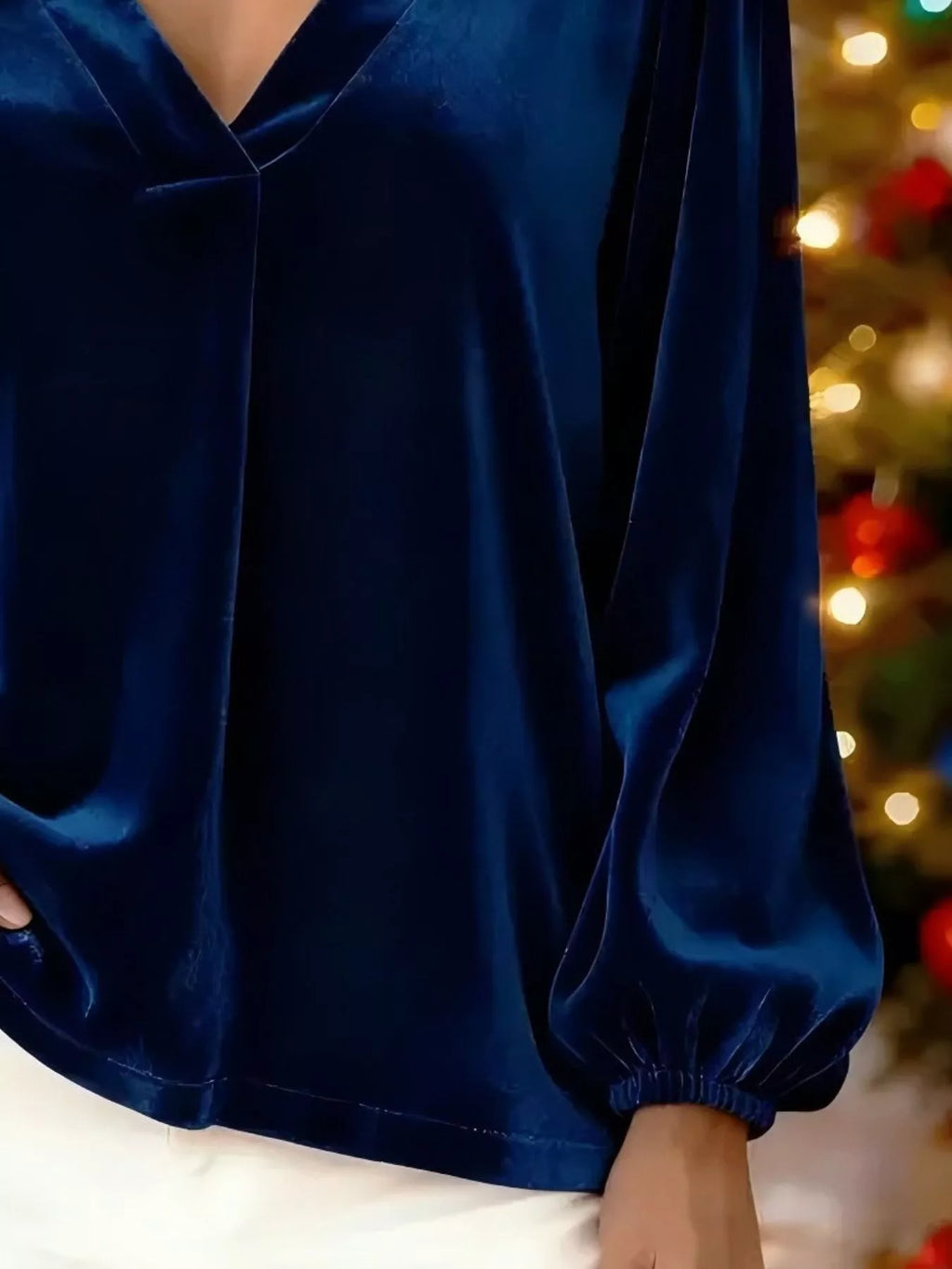 Full Size Velvet V-Neck Long Sleeve Blouse Plus Size - Godess beauty 