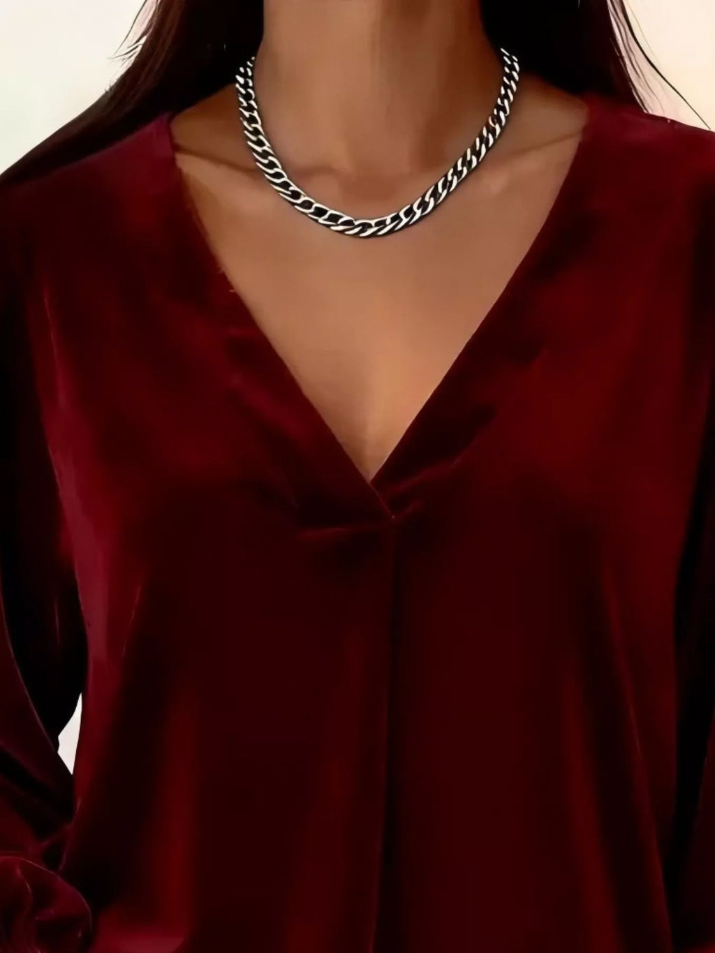 Full Size Velvet V-Neck Long Sleeve Blouse Plus Size - Godess beauty 