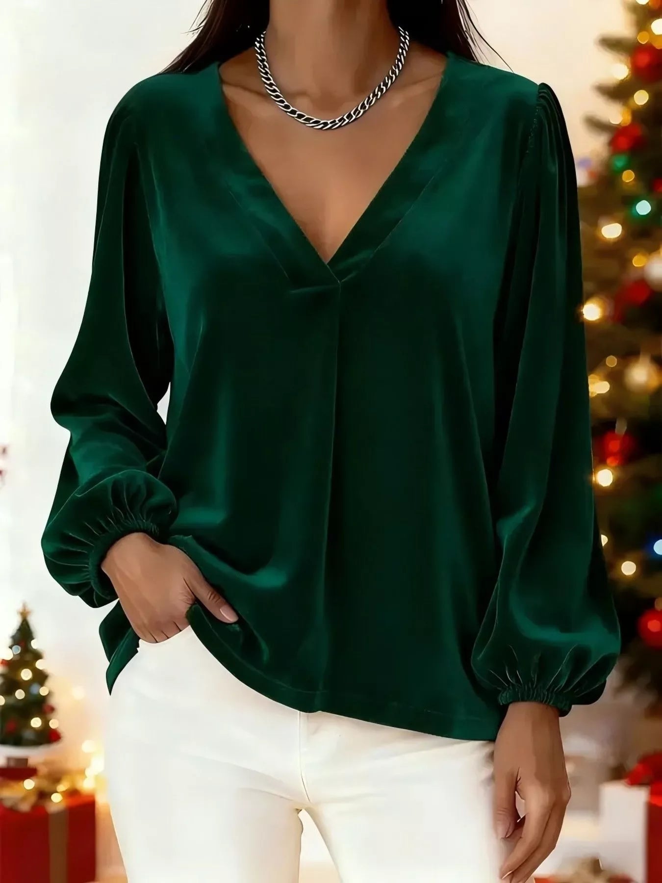 Full Size Velvet V-Neck Long Sleeve Blouse Plus Size - Godess beauty 
