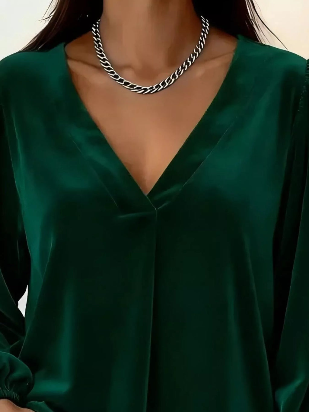 Full Size Velvet V-Neck Long Sleeve Blouse Plus Size - Godess beauty 