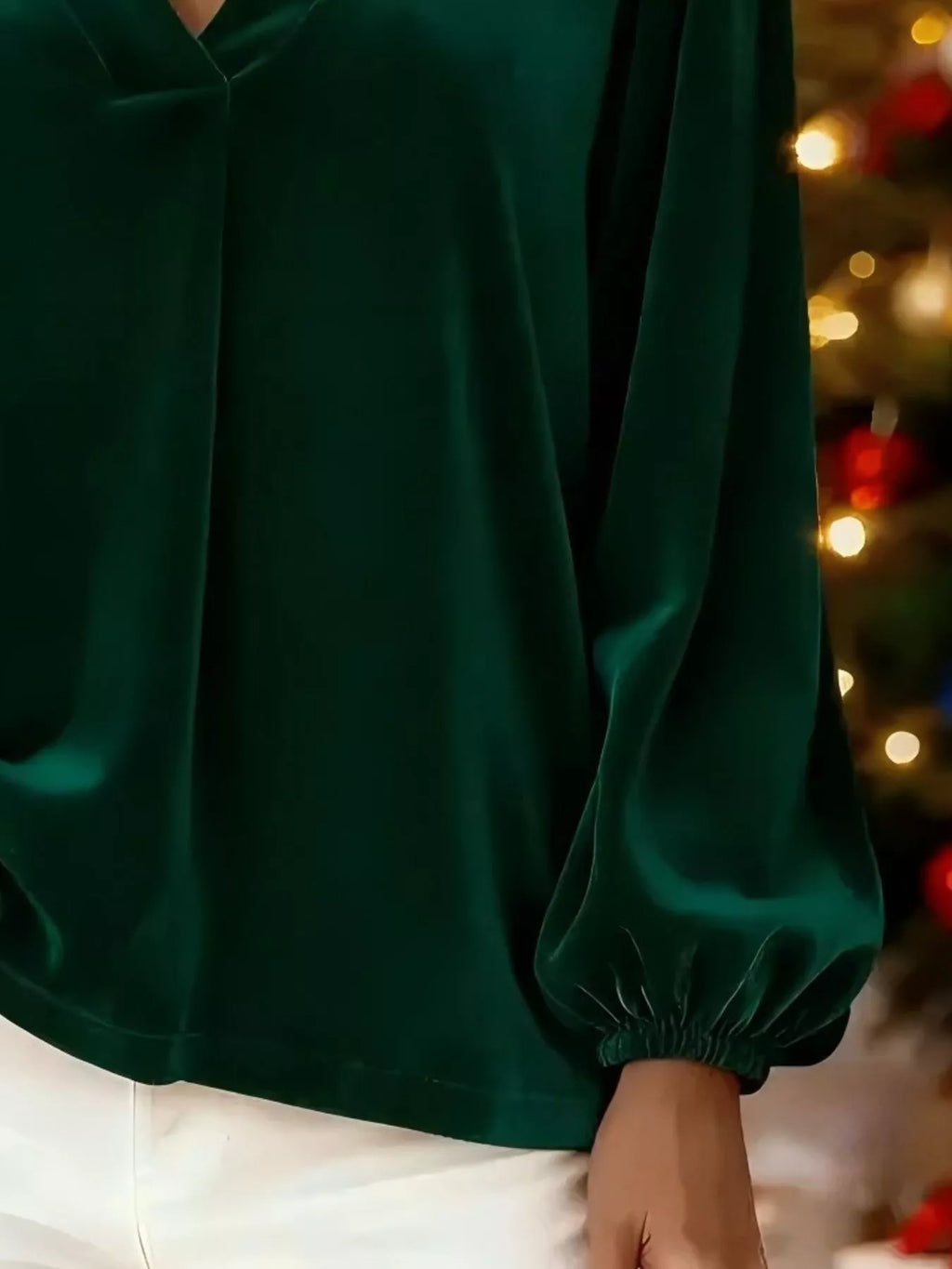 Full Size Velvet V-Neck Long Sleeve Blouse Plus Size - Godess beauty 