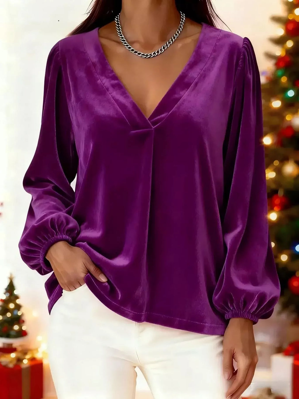 Full Size Velvet V-Neck Long Sleeve Blouse Plus Size - Godess beauty 