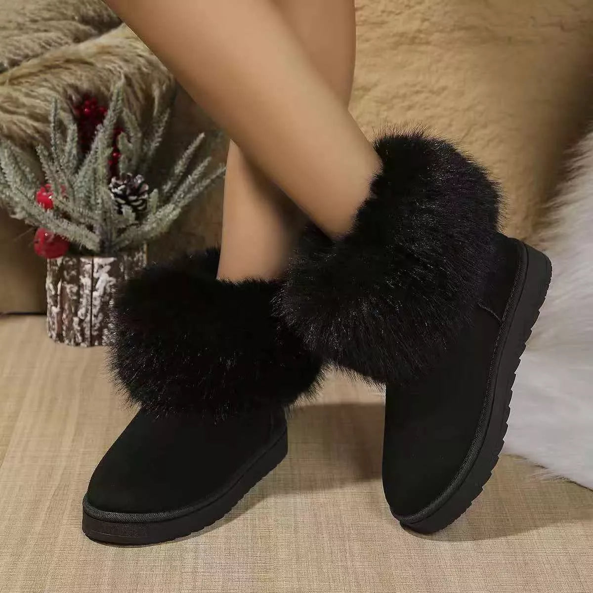 Fuzzy Trim Ankle Boots - Godess beauty 