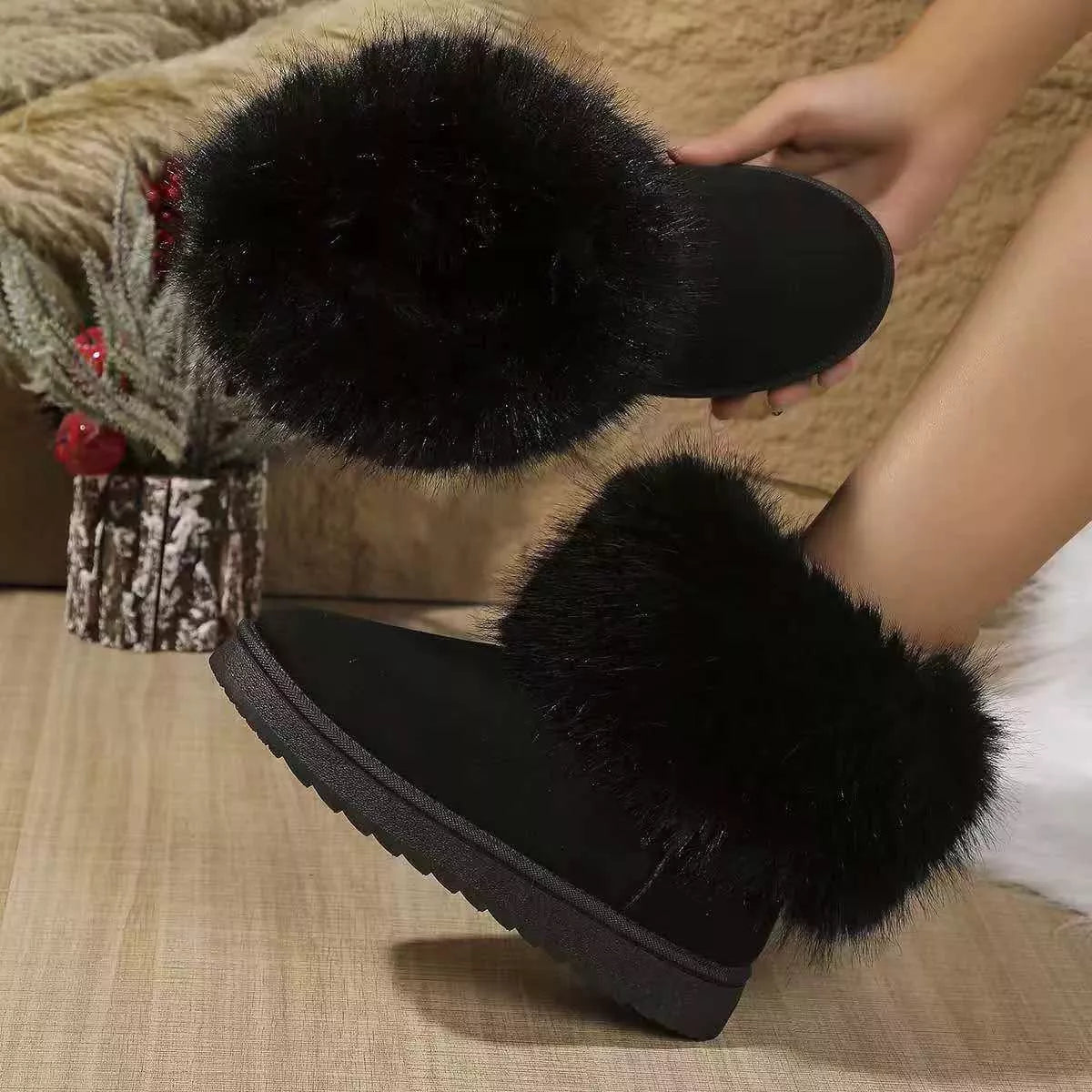 Fuzzy Trim Ankle Boots - Godess beauty 