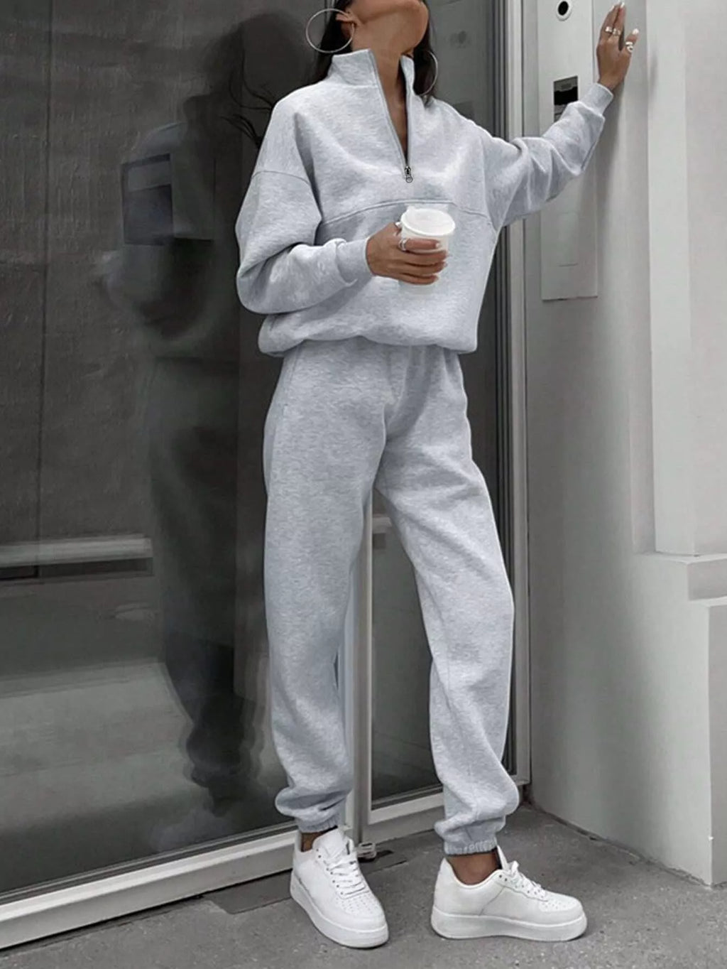 Half Zip Sweatshirt and Pants Set - Godess beauty 