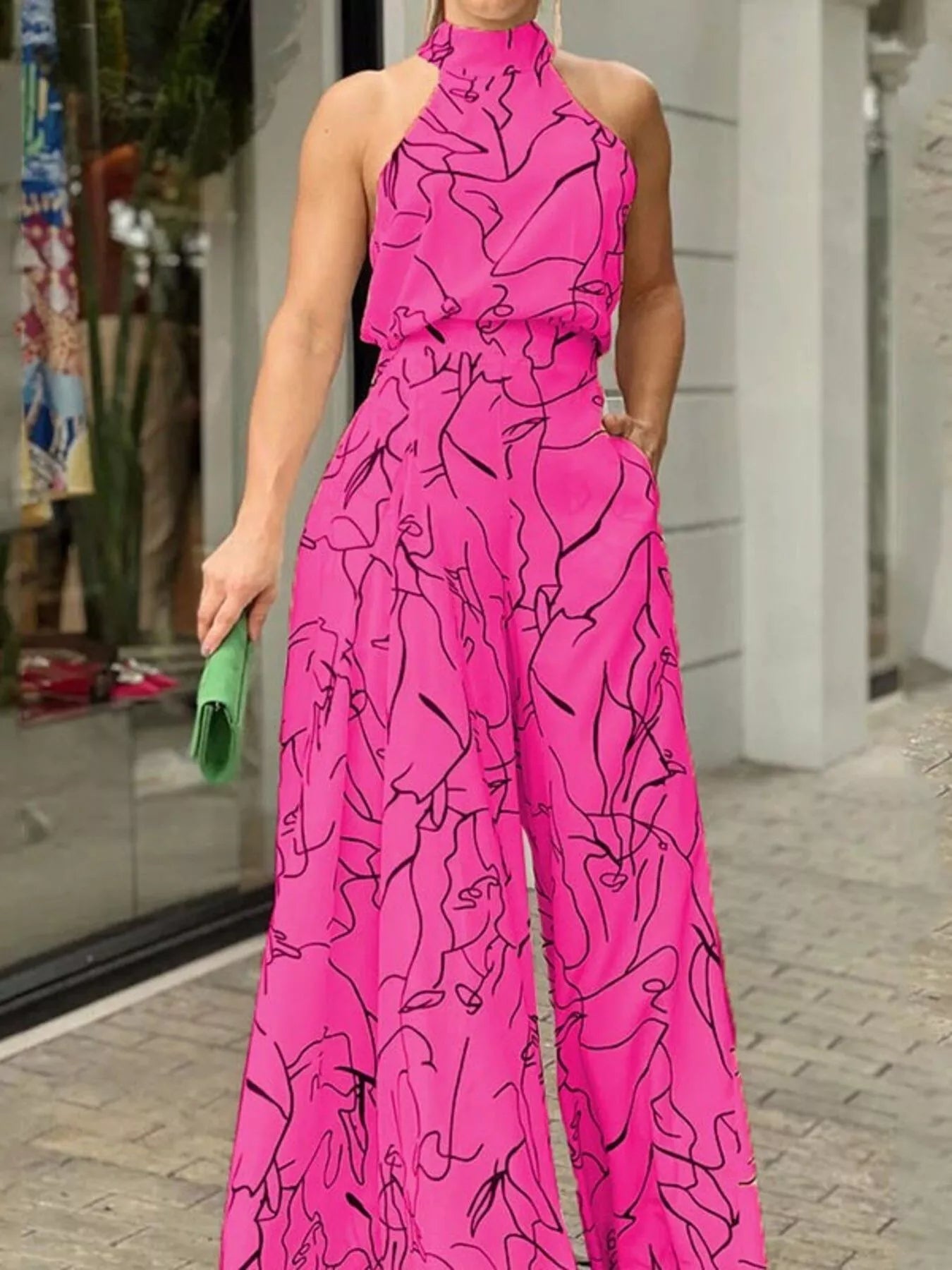 Halter Neck Abstract Print Wide Leg Jumpsuit - Godess beauty 