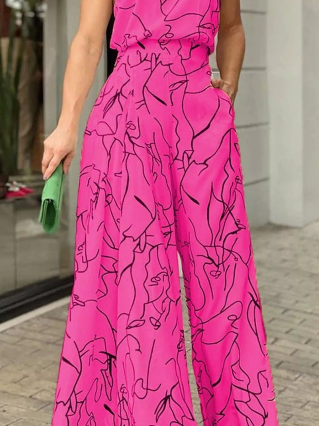 Halter Neck Abstract Print Wide Leg Jumpsuit - Godess beauty 