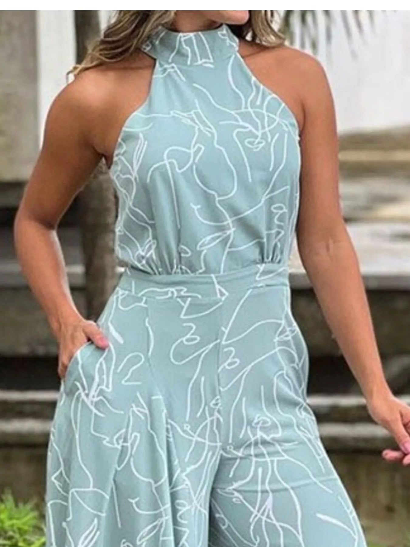 Halter Neck Abstract Print Wide Leg Jumpsuit - Godess beauty 