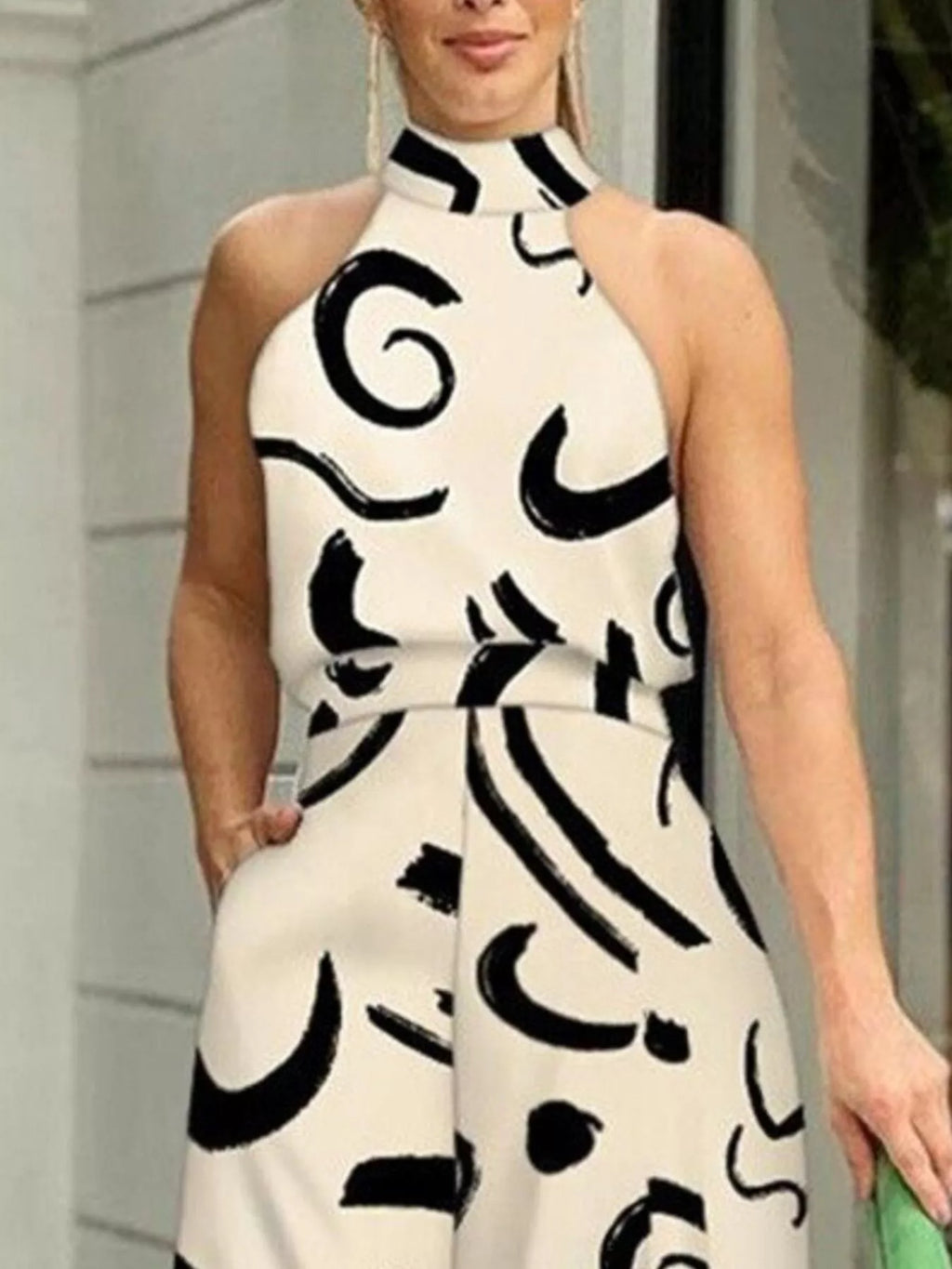 Halter Neck Abstract Print Wide Leg Jumpsuit - Godess beauty 