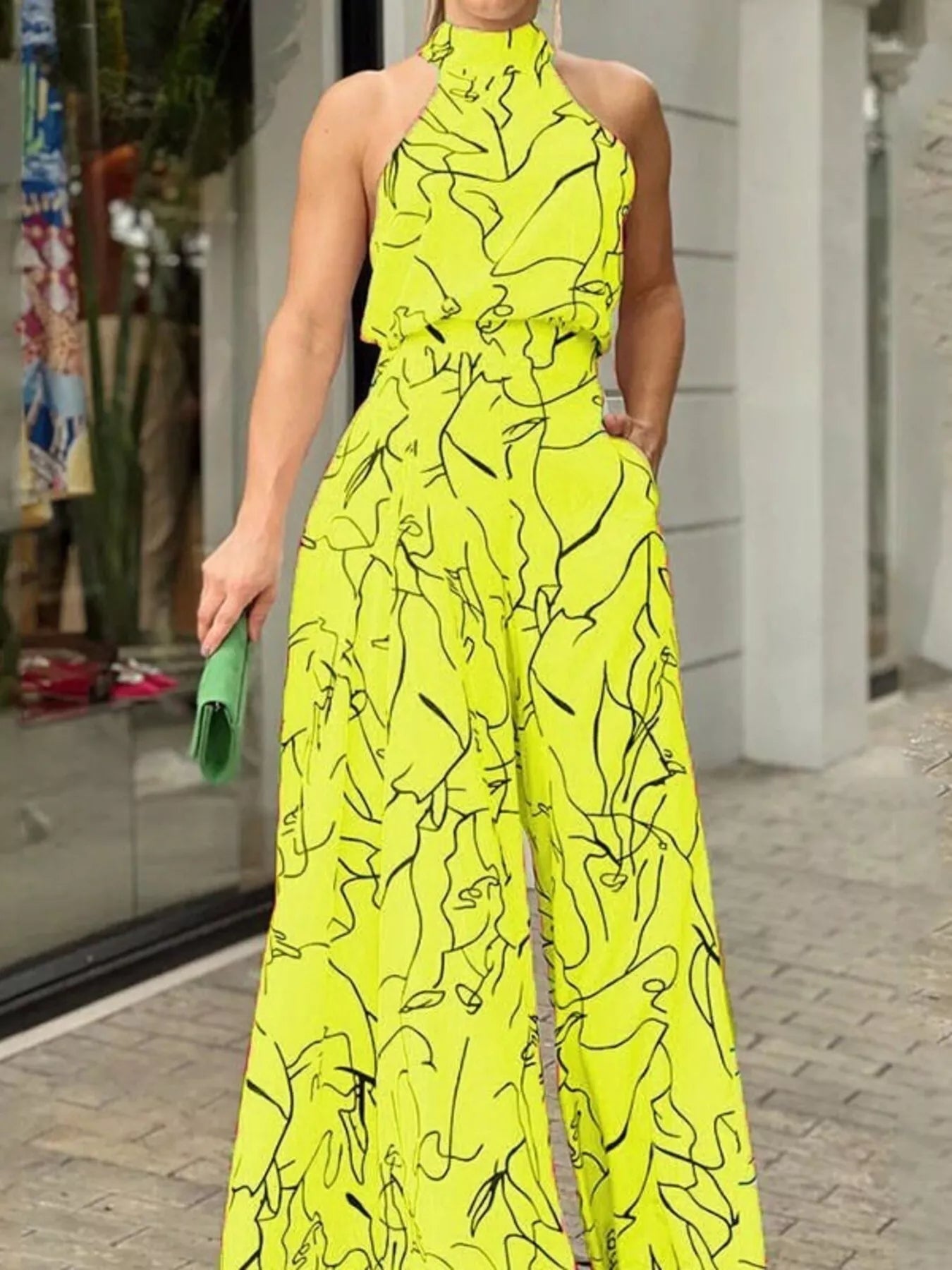 Halter Neck Abstract Print Wide Leg Jumpsuit - Godess beauty 