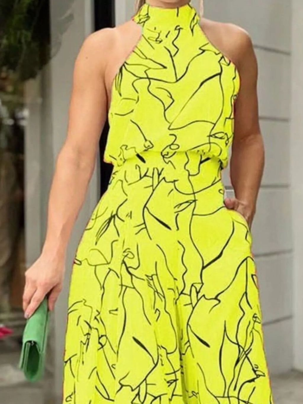 Halter Neck Abstract Print Wide Leg Jumpsuit - Godess beauty 