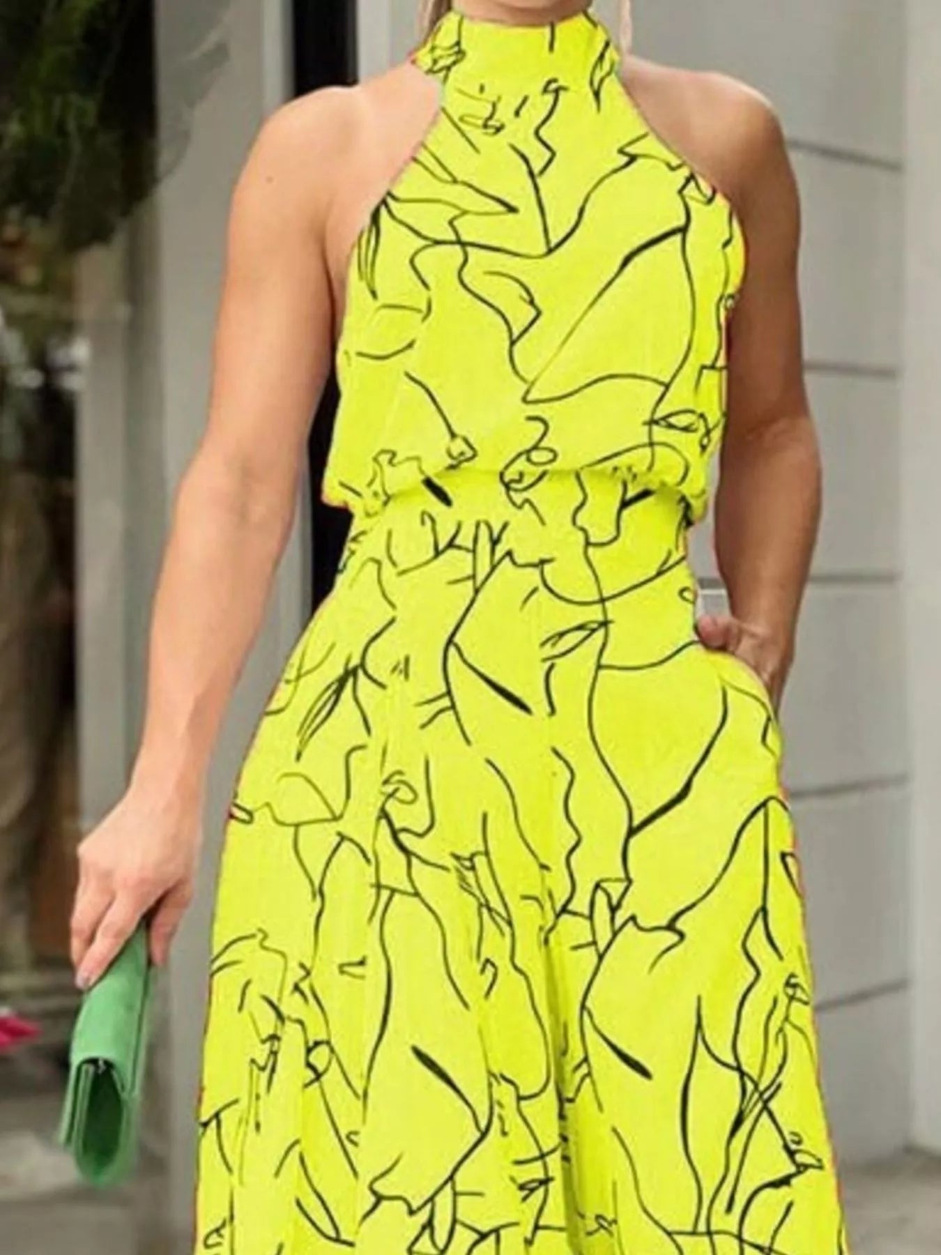 Halter Neck Abstract Print Wide Leg Jumpsuit - Godess beauty 