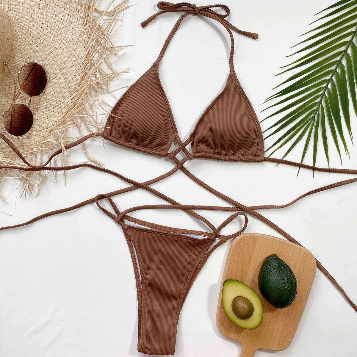 Halter Neck Crisscross Ribbed Bikini Set - Godess beauty 