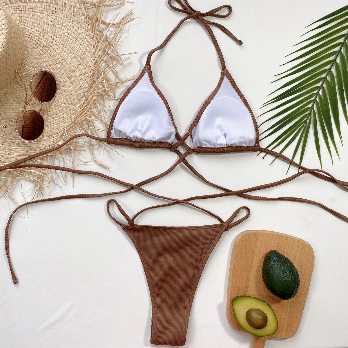 Halter Neck Crisscross Ribbed Bikini Set - Godess beauty 
