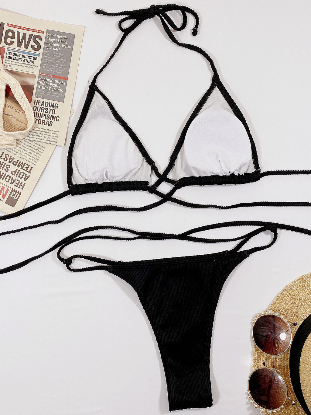 Halter Neck Crisscross Ribbed Bikini Set - Godess beauty 