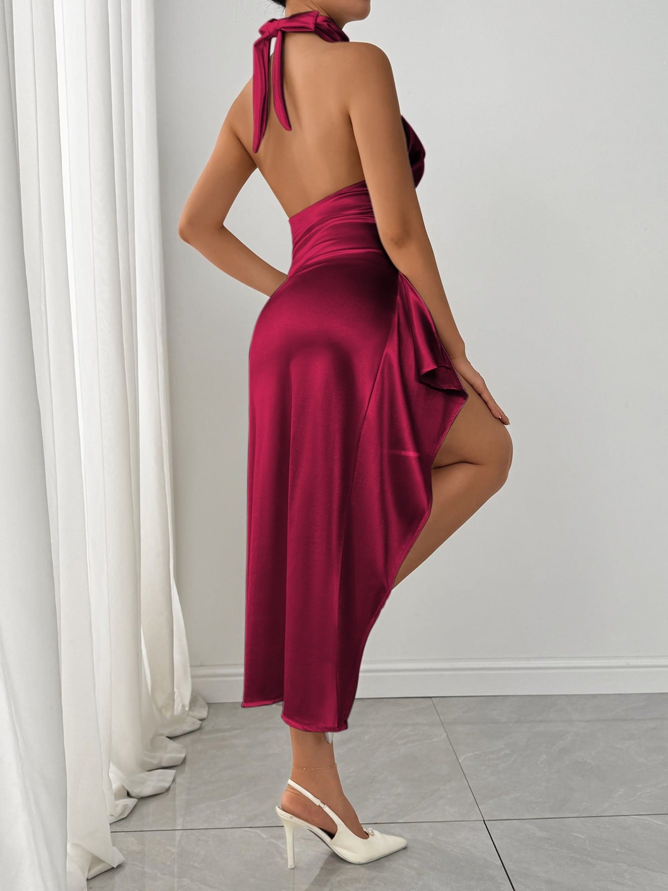 Halter neck high slit satin dress - Godess beauty 