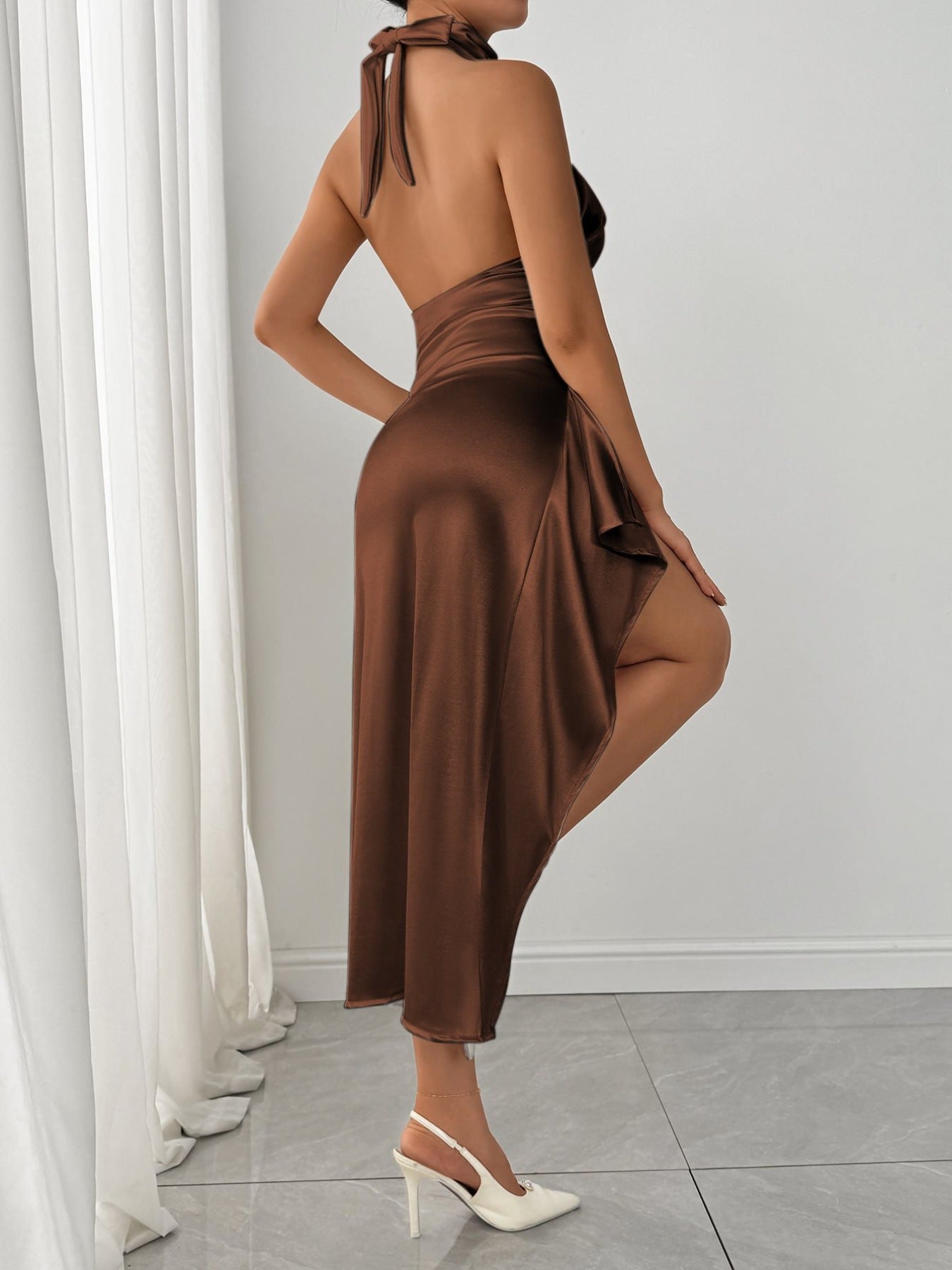 Halter neck high slit satin dress - Godess beauty 