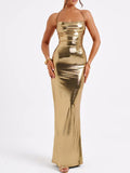 Halter neck ruched maxi dress for women - Godess beauty 