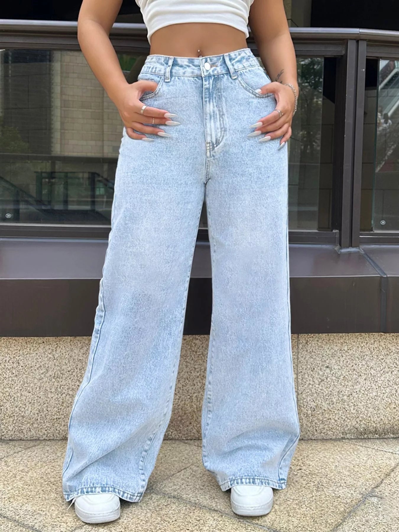 High-Waisted Wide Leg Jeans - Godess beauty 