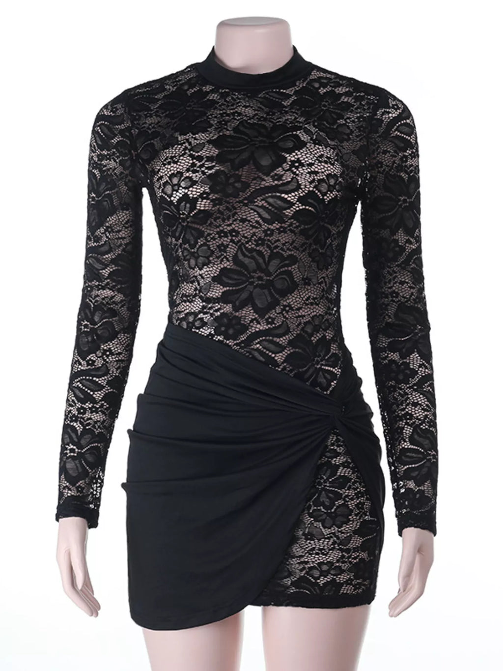 Lace Long Sleeve Bodycon Mini Dress - Godess beauty 