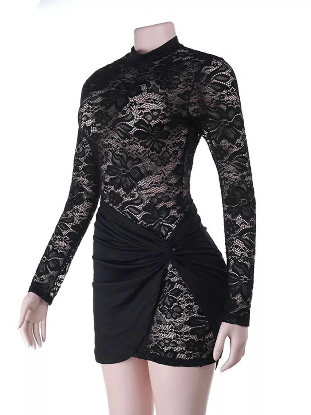 Lace Long Sleeve Bodycon Mini Dress - Godess beauty 