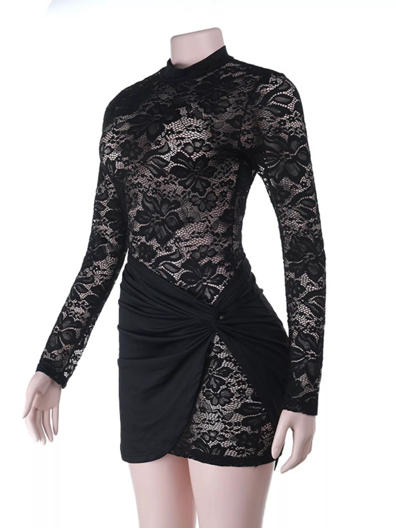 Lace Long Sleeve Bodycon Mini Dress - Godess beauty 