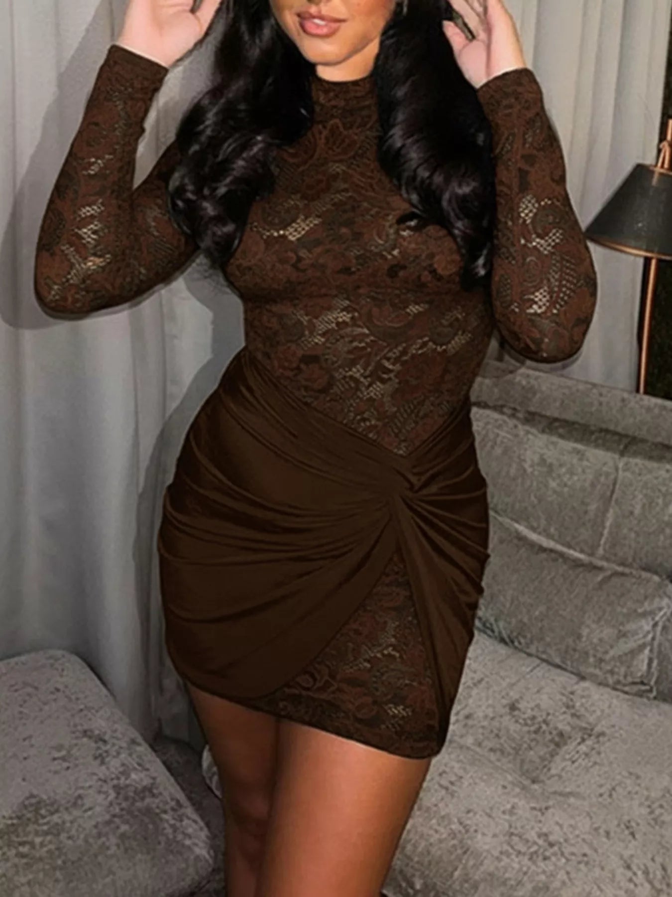 Lace Long Sleeve Bodycon Mini Dress - Godess beauty 