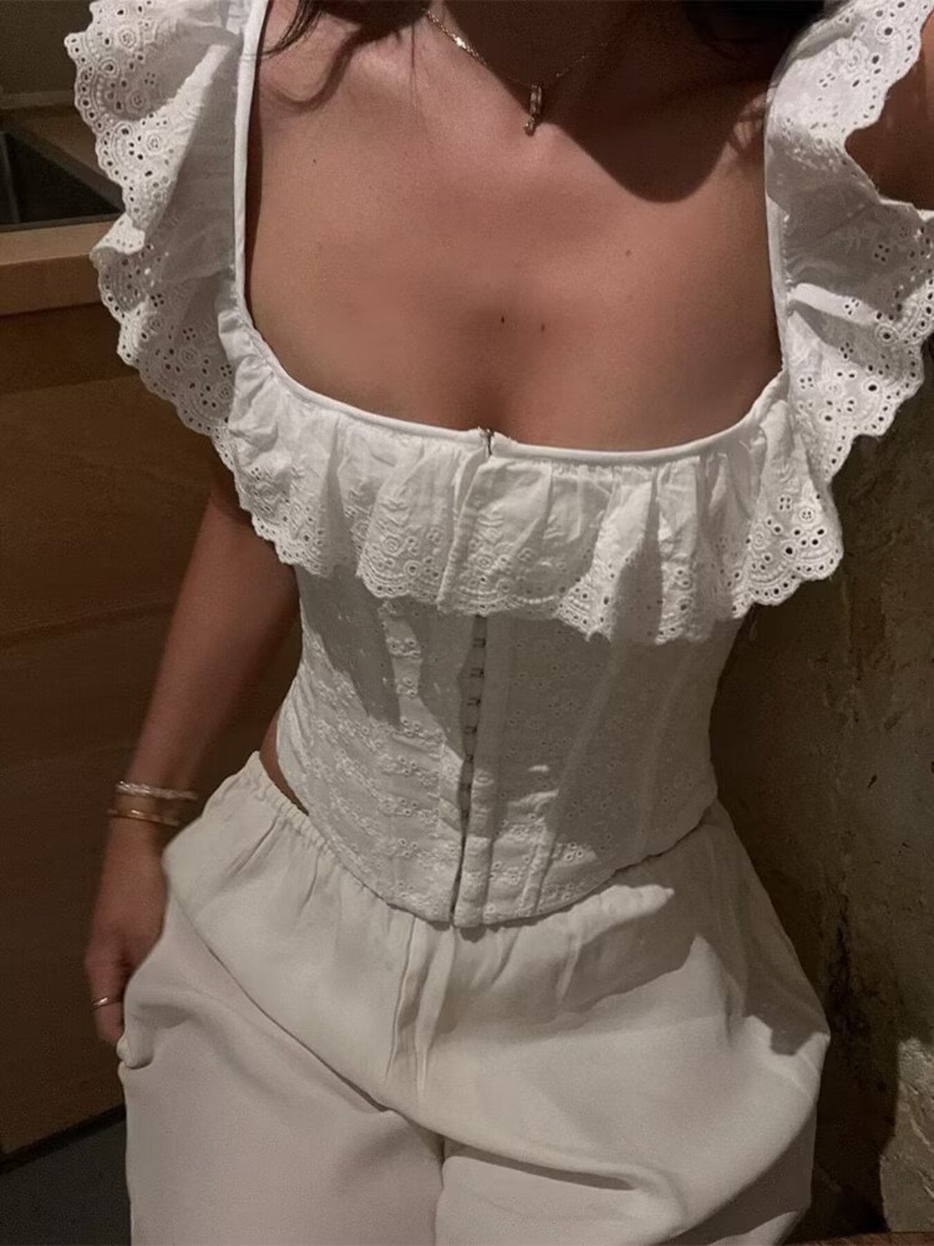 Lace Up Back Eyelet Ruffle Trim Tank - Godess beauty  #